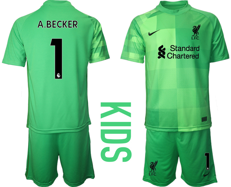 Youth 2021-2022 Club Liverpool green goalkeeper #1 Soccer Jersey->youth soccer jersey->Youth Jersey